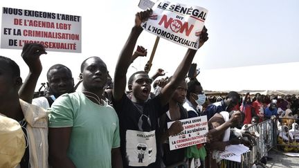 Manifestation à Dakar contre l’homosexualité avec des pancartes brandies par des participants