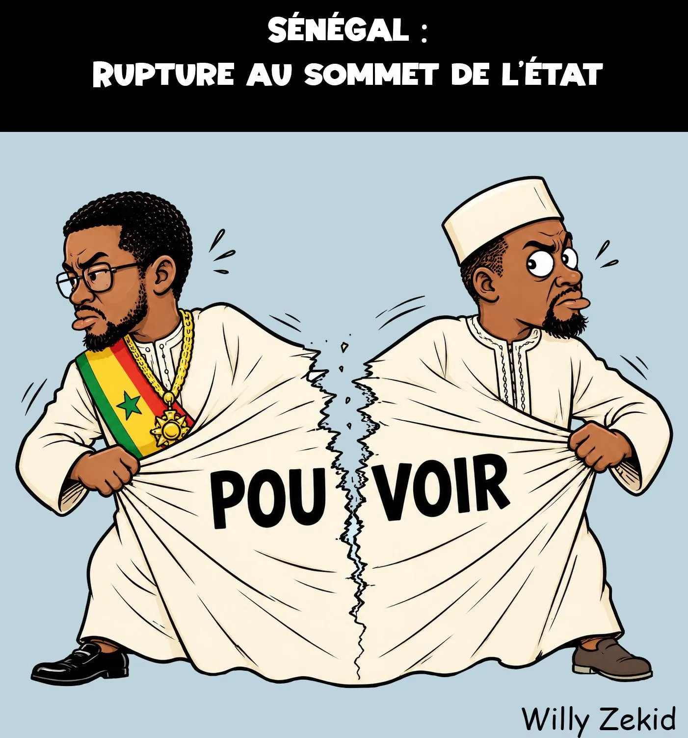 Caricature montrant Ousmane Sonko et Bassirou Diomaye Faye s'éloignant en déchirant la tunique qui les unissait et sur laquelle il est écrit pouvoir