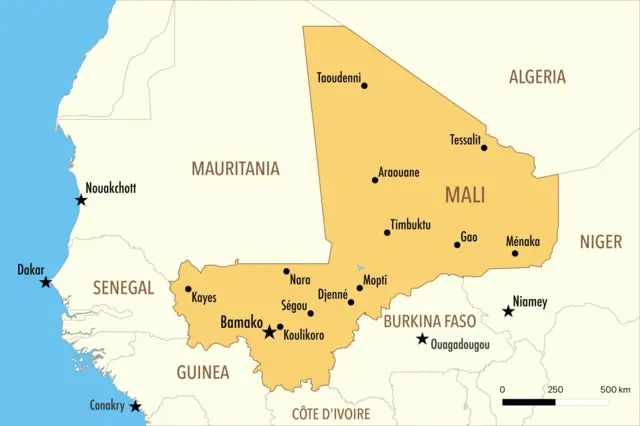 Carte du Mali mettant en évidence les principales villes du nord et les régions de l'Azawad