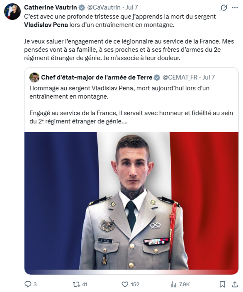 Capture des publications officielles du ministère français après le décès du sergent Pena.