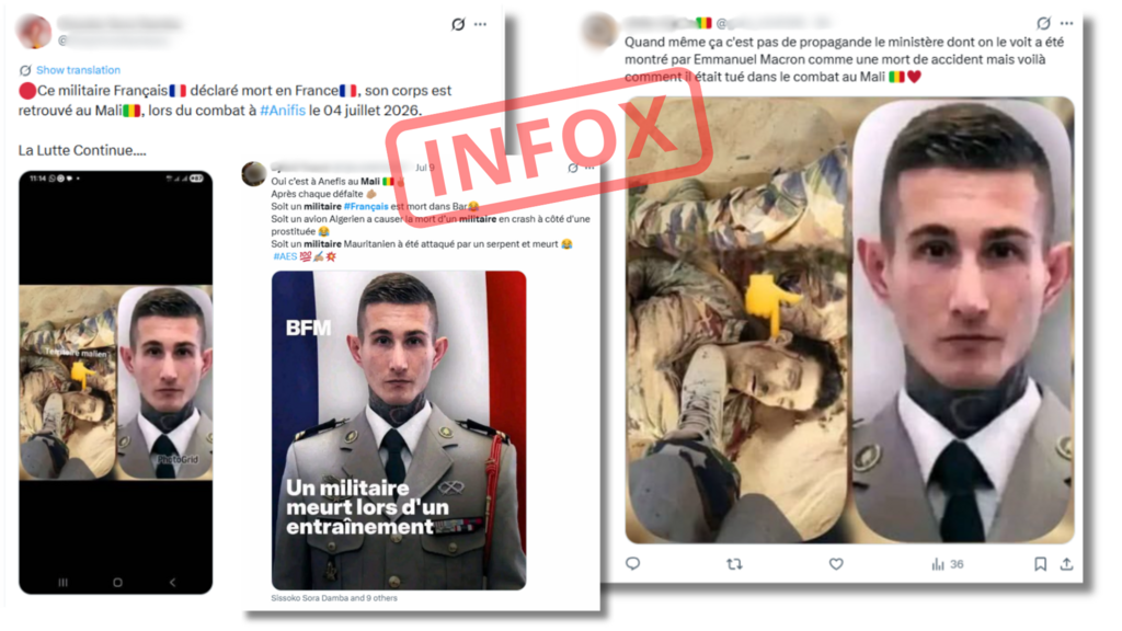 Les posts mensongers de comptes pro-AES ont tenté de lier un soldat français à Anéfis.