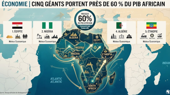 Carte des cinq pays africains contribuant à 60 % du PIB continental